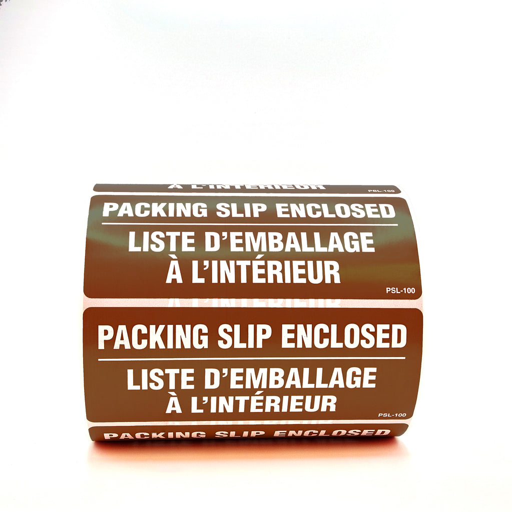 Roll of brown labels with white text saying 'Packing Slip Enclosed' on a white background.