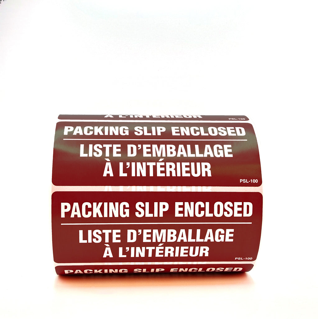 Roll of burgundy labels with white text saying 'Packing Slip Enclosed' on a white background.