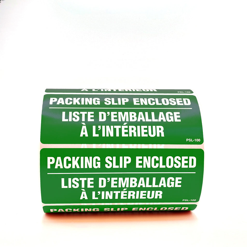 Roll of green labels with white text saying 'Packing Slip Enclosed' on a white background.