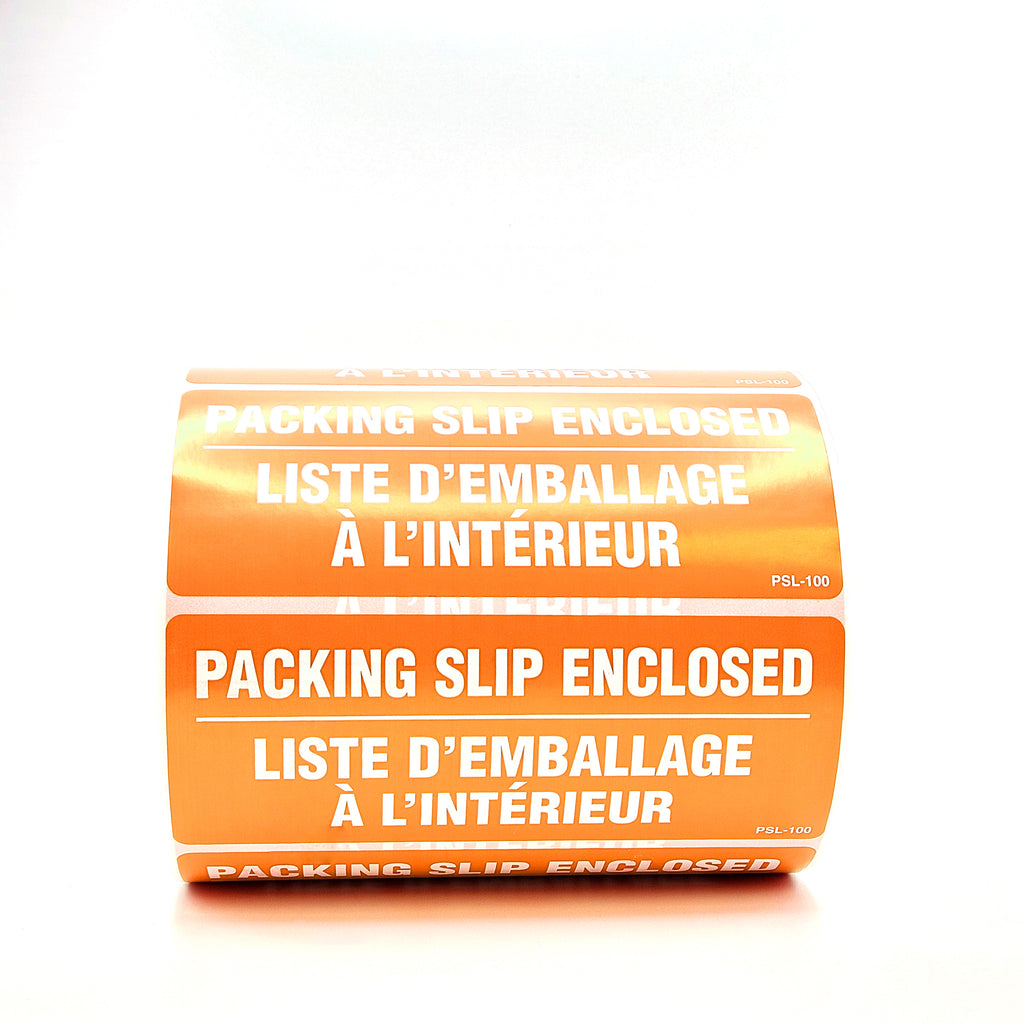 Roll of orange labels with white text saying 'Packing Slip Enclosed' on a white background.
