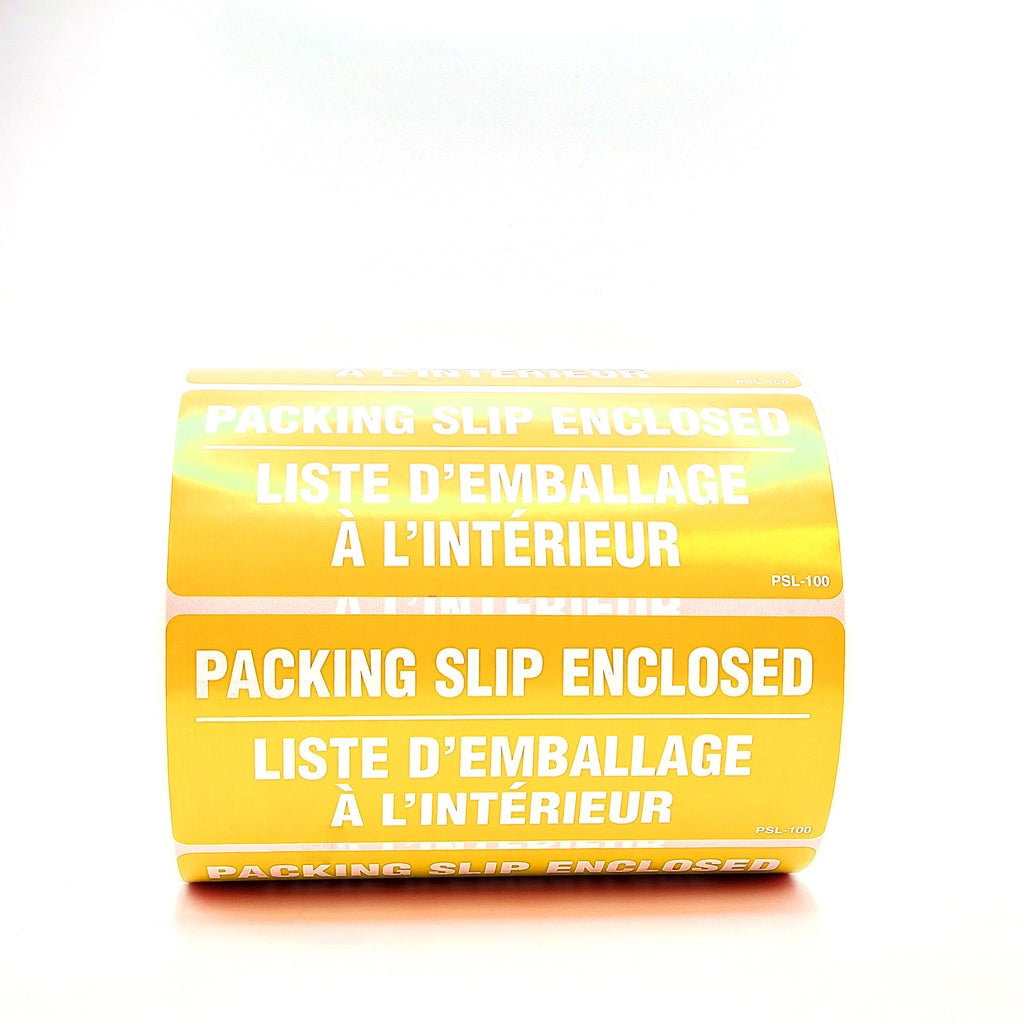Roll of yellow labels with white text saying 'Packing Slip Enclosed' on a white background.