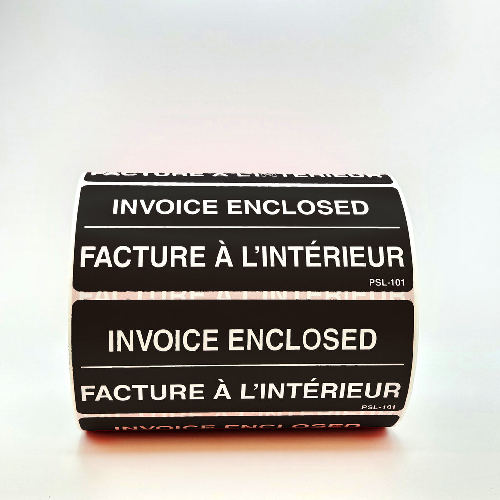 A roll of red and white 'INVOICE ENCLOSED' labels with text in English and French, indicating that an invoice is inside. The label is 2 inches by 5 inches. in black