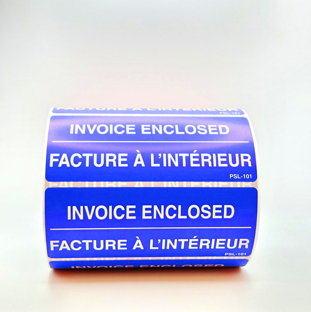 A roll of red and white 'INVOICE ENCLOSED' labels with text in English and French, indicating that an invoice is inside. The label is 2 inches by 5 inches. in blue
