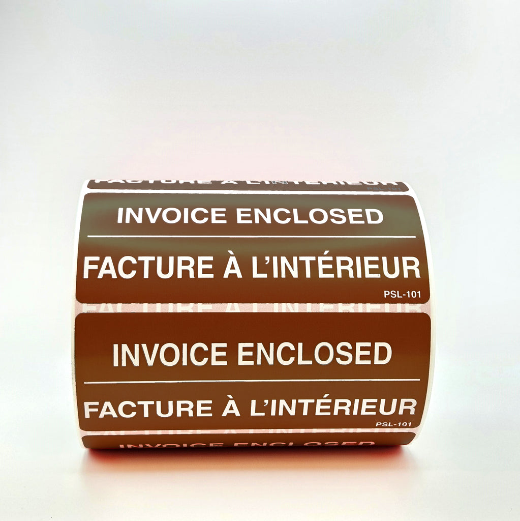 A roll of red and white 'INVOICE ENCLOSED' labels with text in English and French, indicating that an invoice is inside. The label is 2 inches by 5 inches. in brown