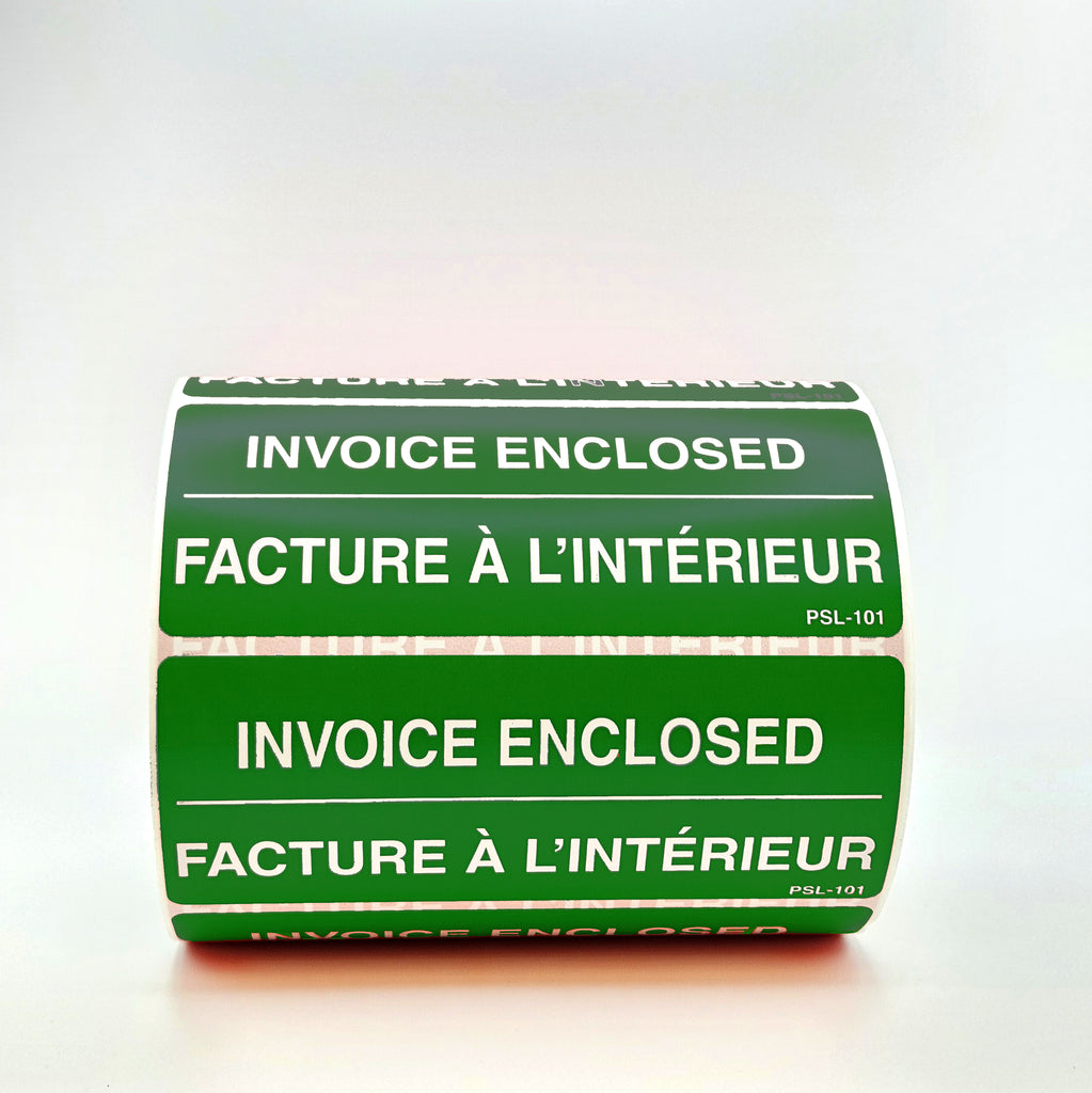 A roll of red and white 'INVOICE ENCLOSED' labels with text in English and French, indicating that an invoice is inside. The label is 2 inches by 5 inches. In green