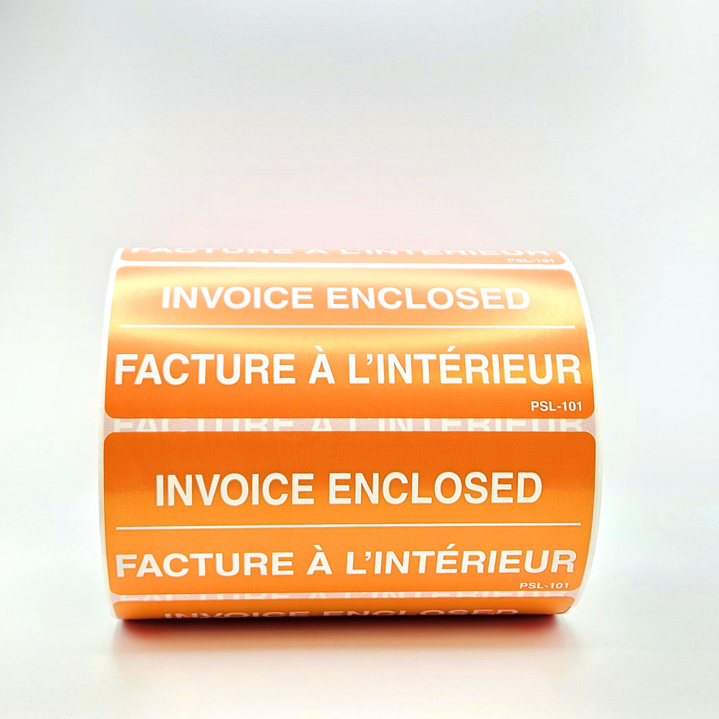 A roll of red and white 'INVOICE ENCLOSED' labels with text in English and French, indicating that an invoice is inside. The label is 2 inches by 5 inches. In orange