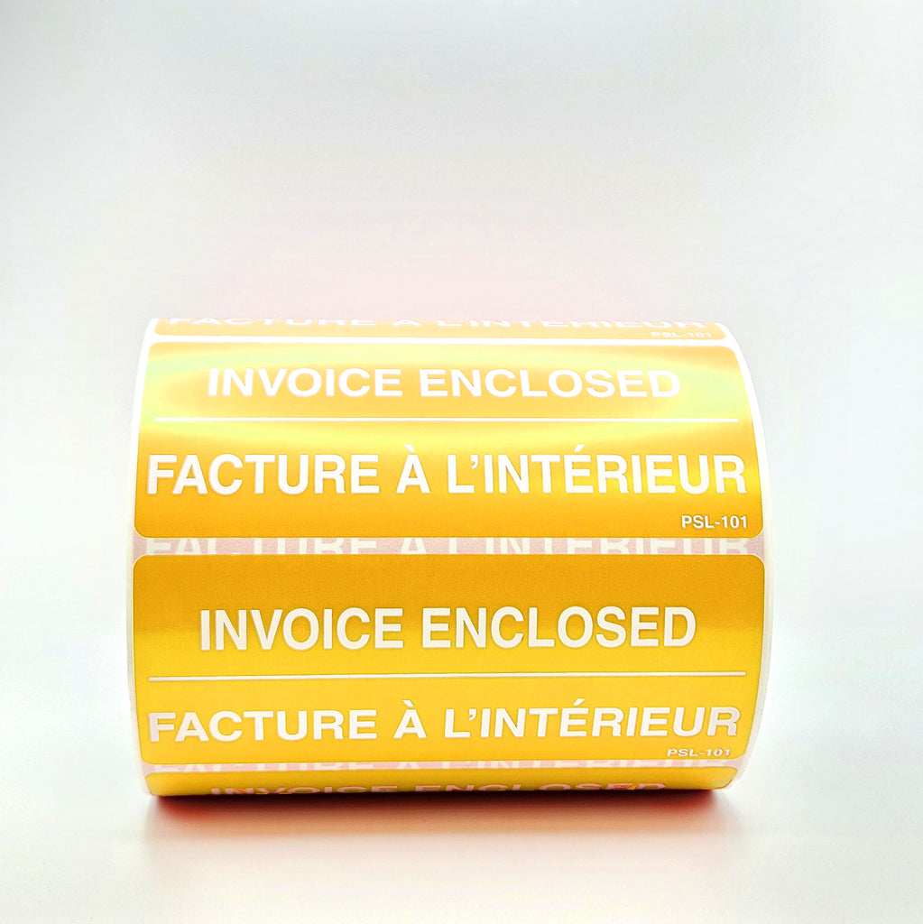A roll of red and white 'INVOICE ENCLOSED' labels with text in English and French, indicating that an invoice is inside. The label is 2 inches by 5 inches. In yellow