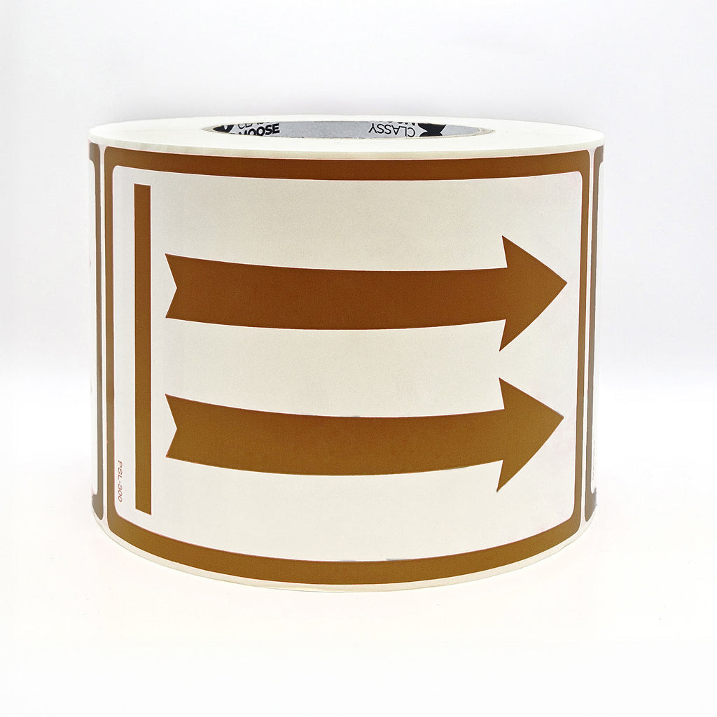 Roll of labels with brown arrows on a white background