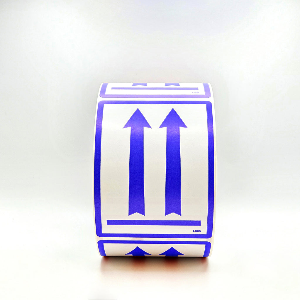 Roll of stickers with blue arrows on a white background