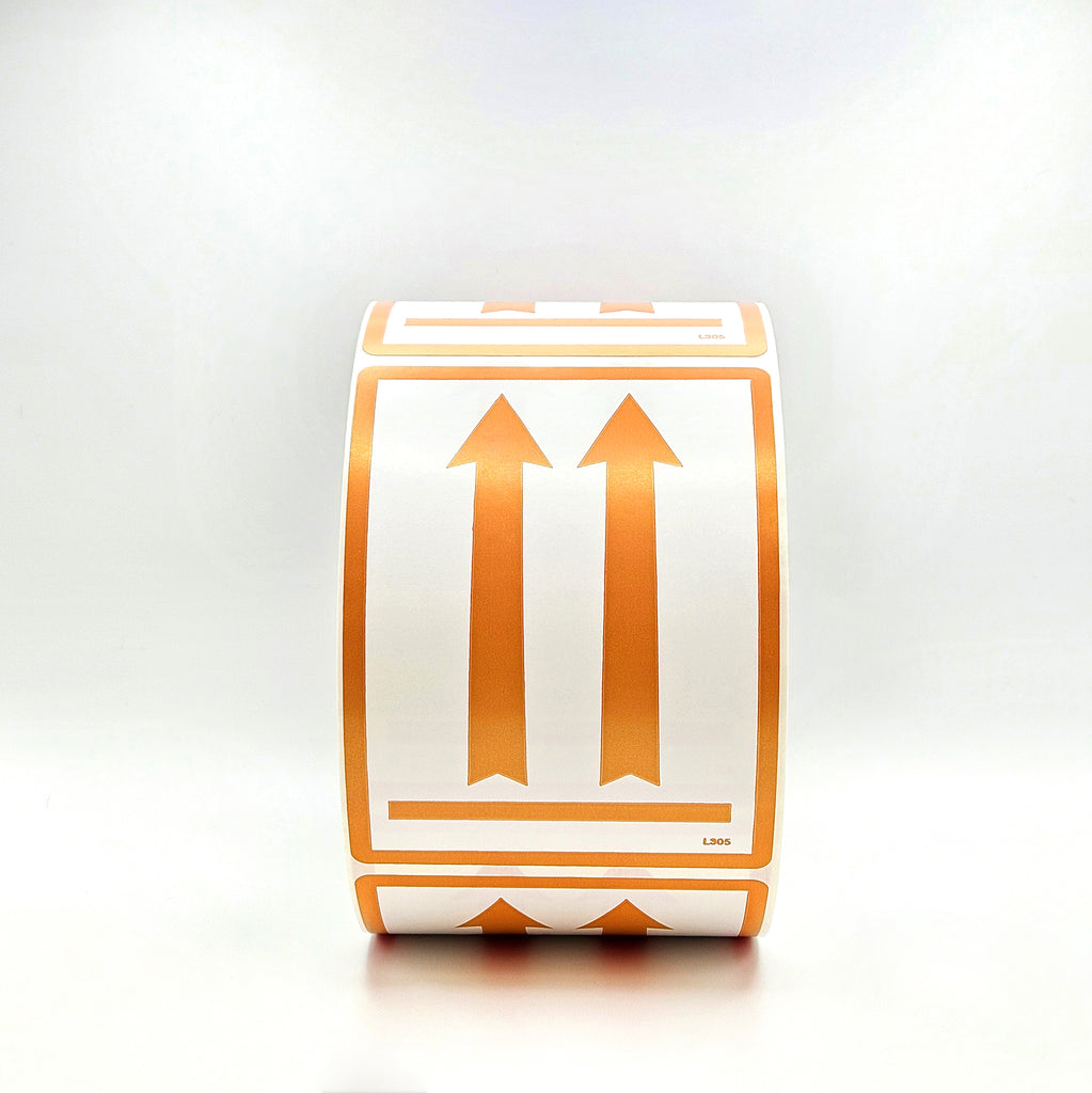 Roll of shipping labels with orange arrows on a white background