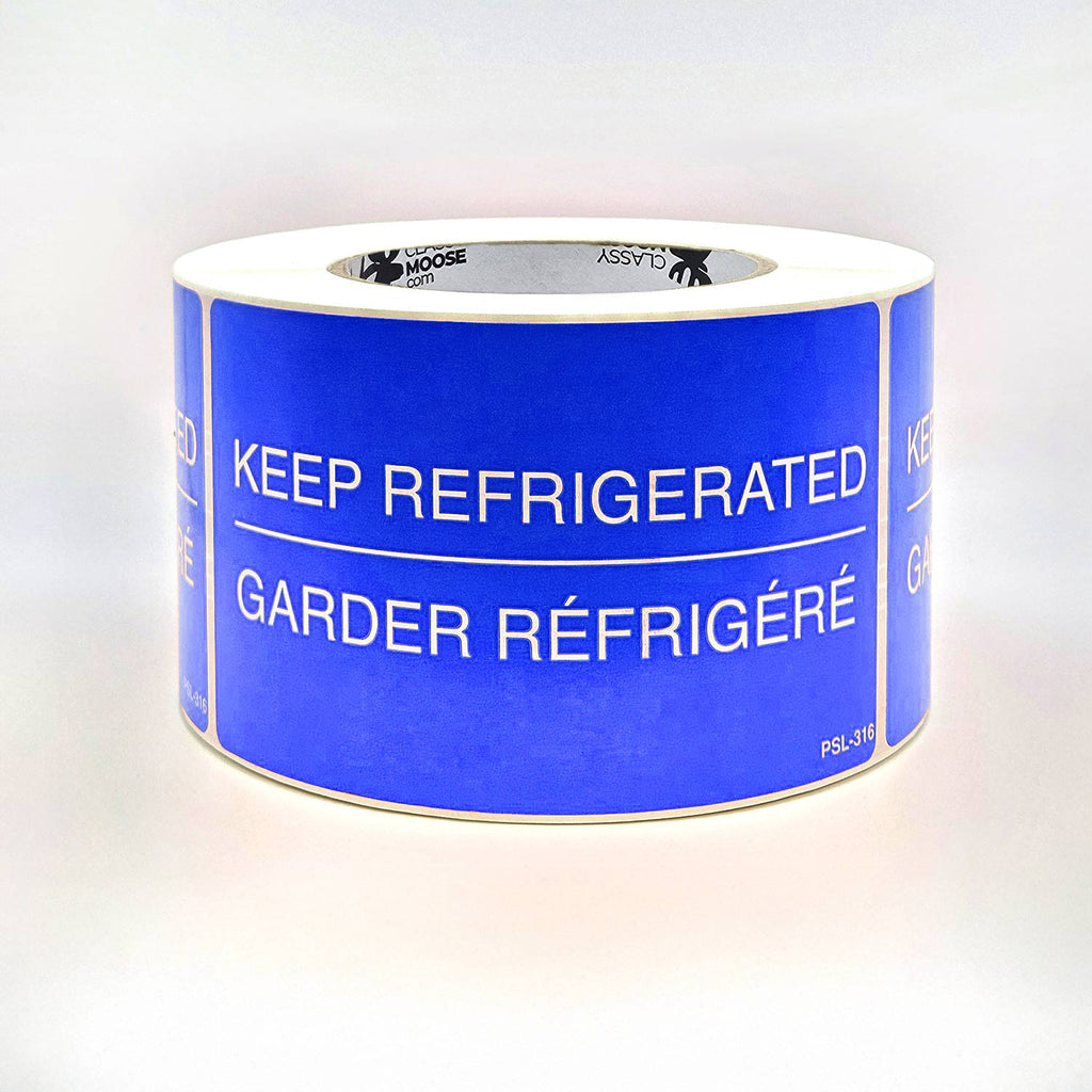 KEEP REFRIGERATED Bilingual Labels 3" x 5" in blue