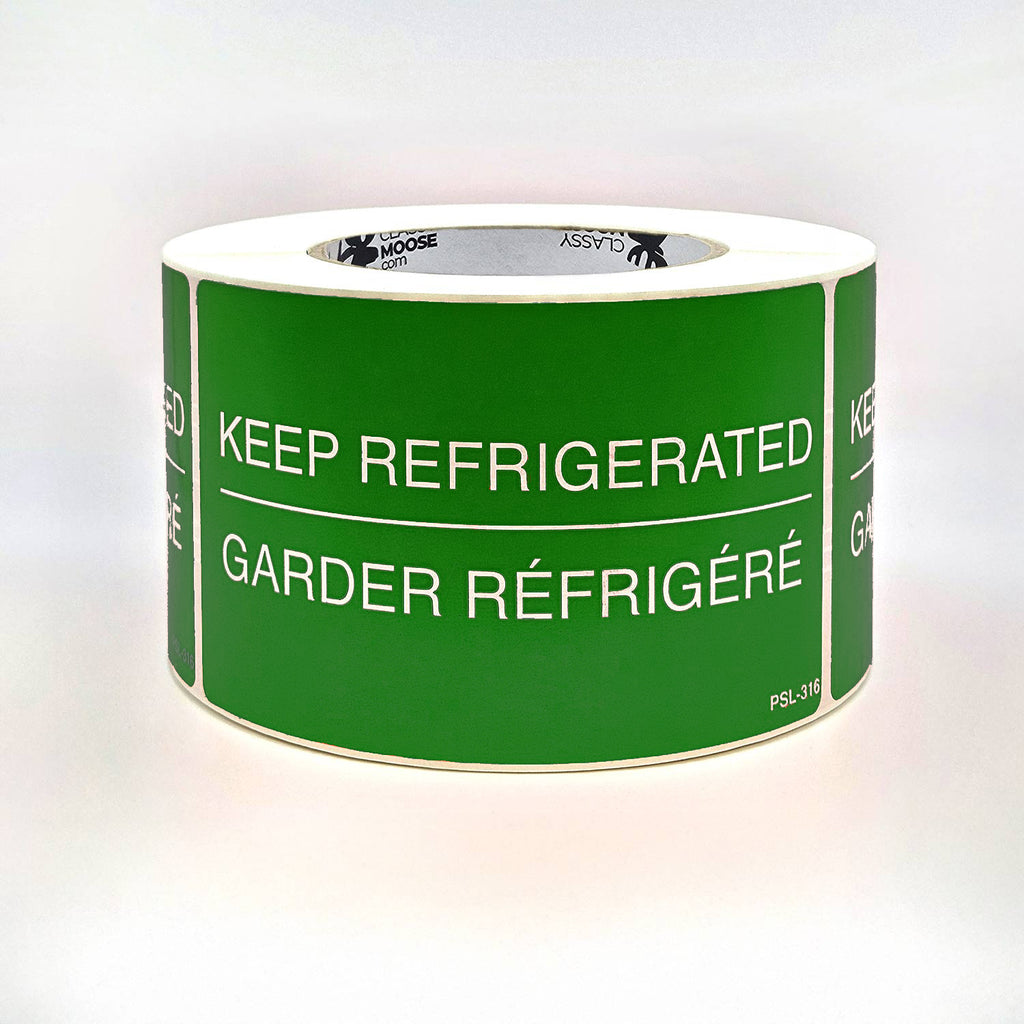 Roll of green food safety label with text 'KEEP REFRIGERATED' on a white background