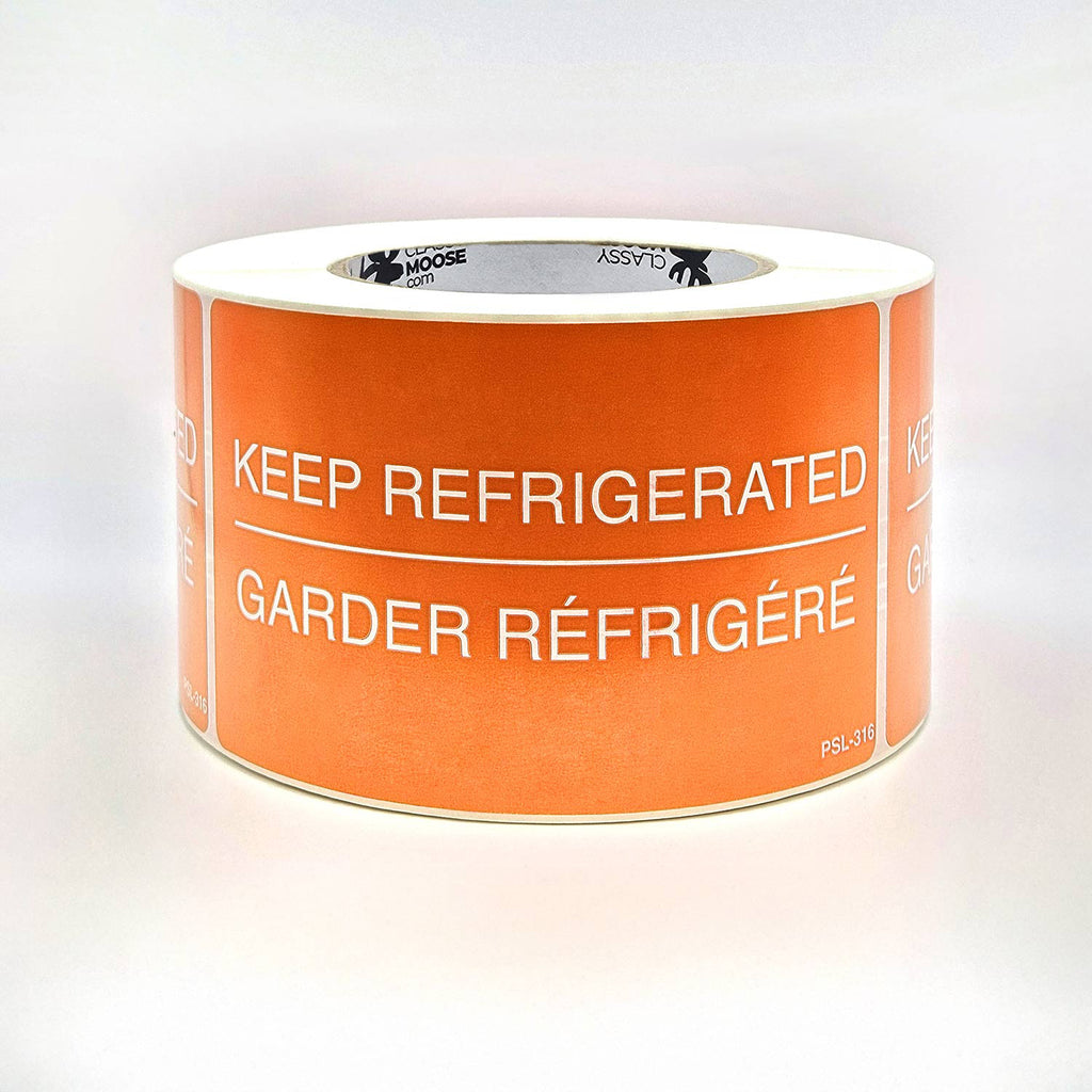 Roll of orange labels with 'Keep Refrigerated' text on a white background
