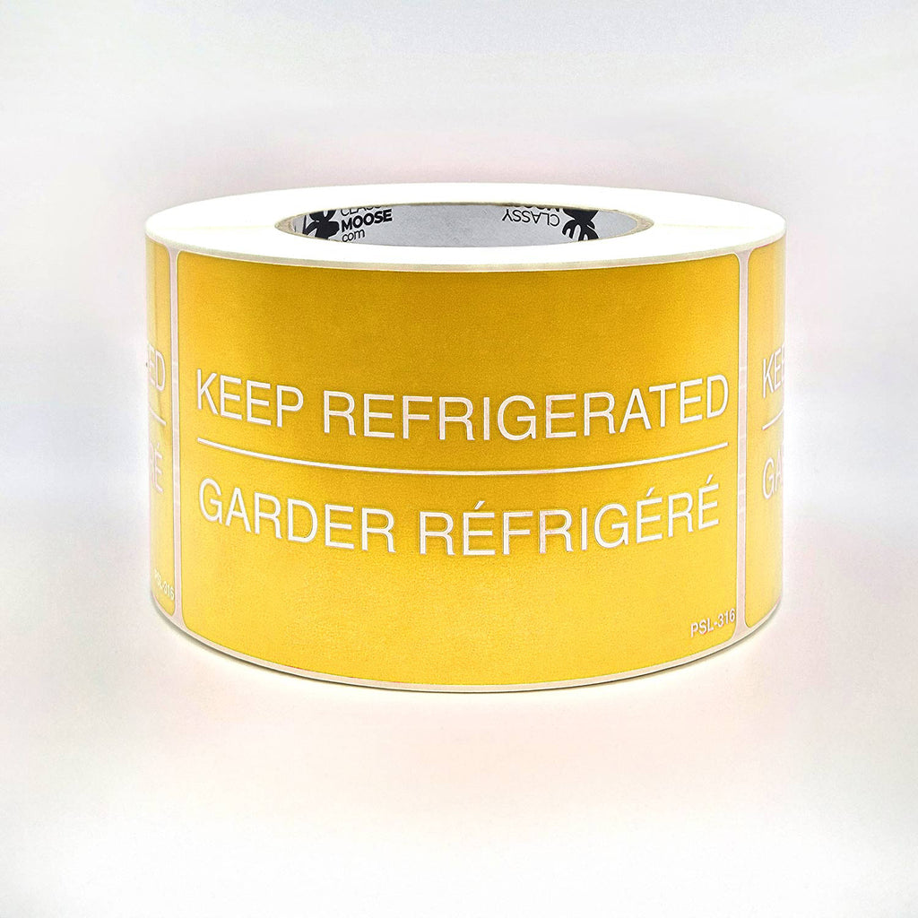 Roll of yellow food storage label with text 'KEEP REFRIGERATED' and 'GARDER Réfrigéré'.