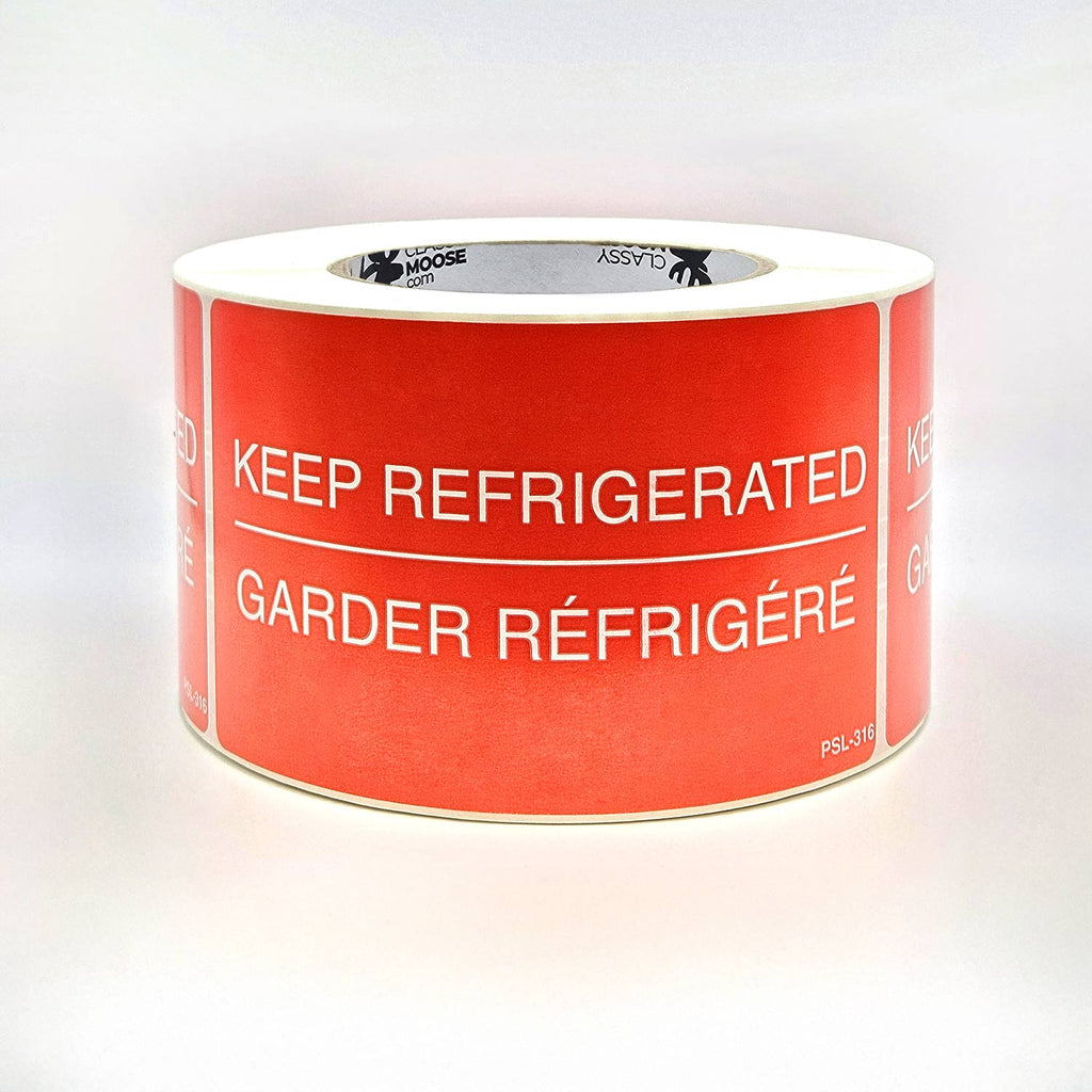 Red KEEP REFRIGERATED Bilingual Labels 3" x 5" | Classy Moose™ flat view