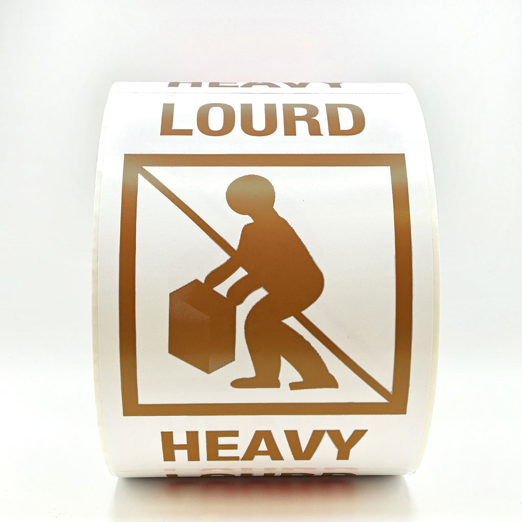 Roll of tape with a warning label featuring a silhouette of a person lifting a heavy object in brown.