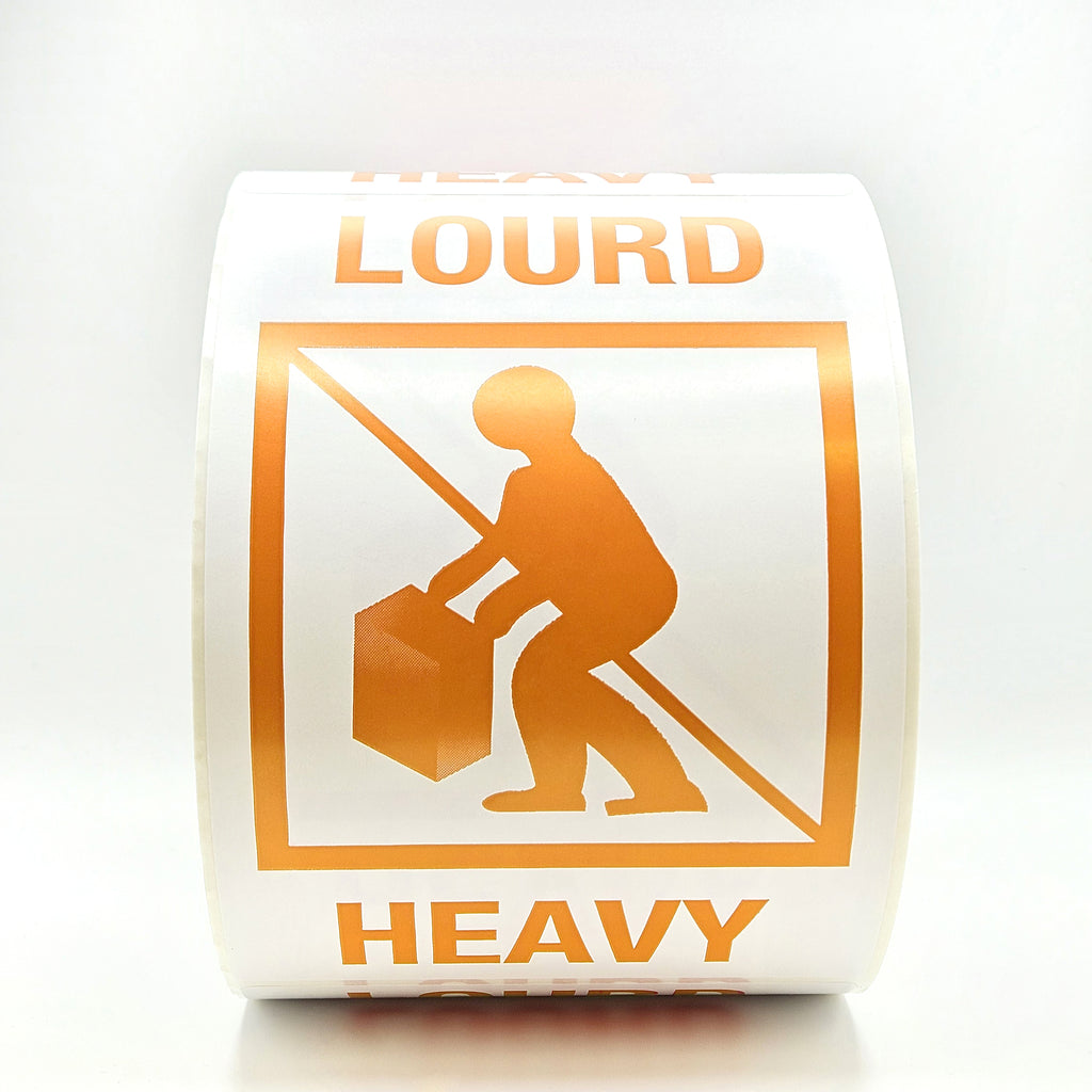 Roll of warning label with orange text and icon on a white background