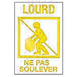 Warning sign with a yellow background and black text and symbols, featuring a person lifting an object.