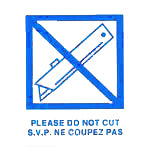 Prohibition sign with a cutter symbol inside a blue square, indicating 'Do not cut' in multiple languages.