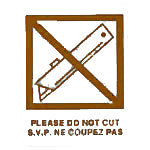 Warning sign with a cutter symbol and text 'Please do not cut' on a brown background.