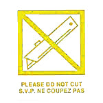 Prohibition sign with a cutter symbol and text in a yellow square