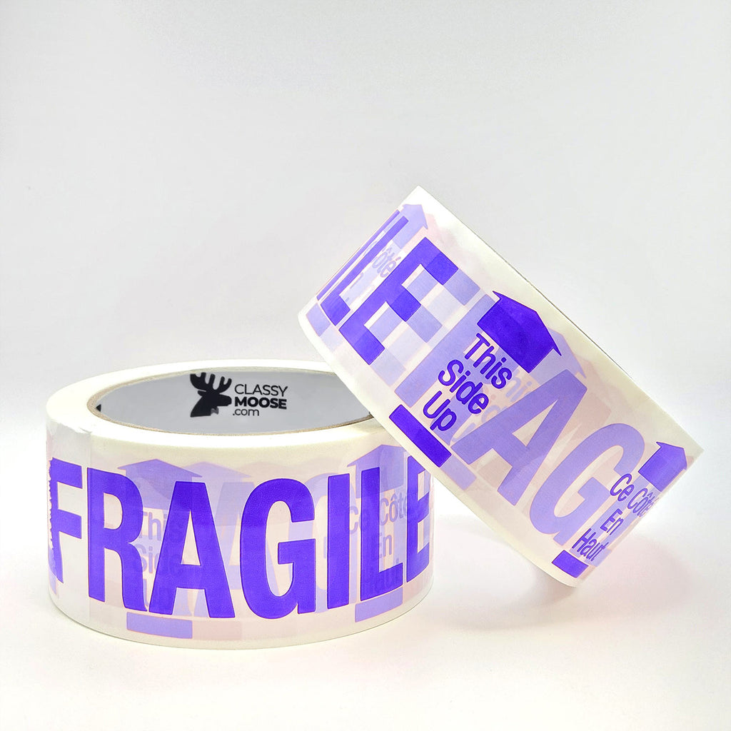 Two rolls of 'Fragile' tape with Classy Moose branding on a white background