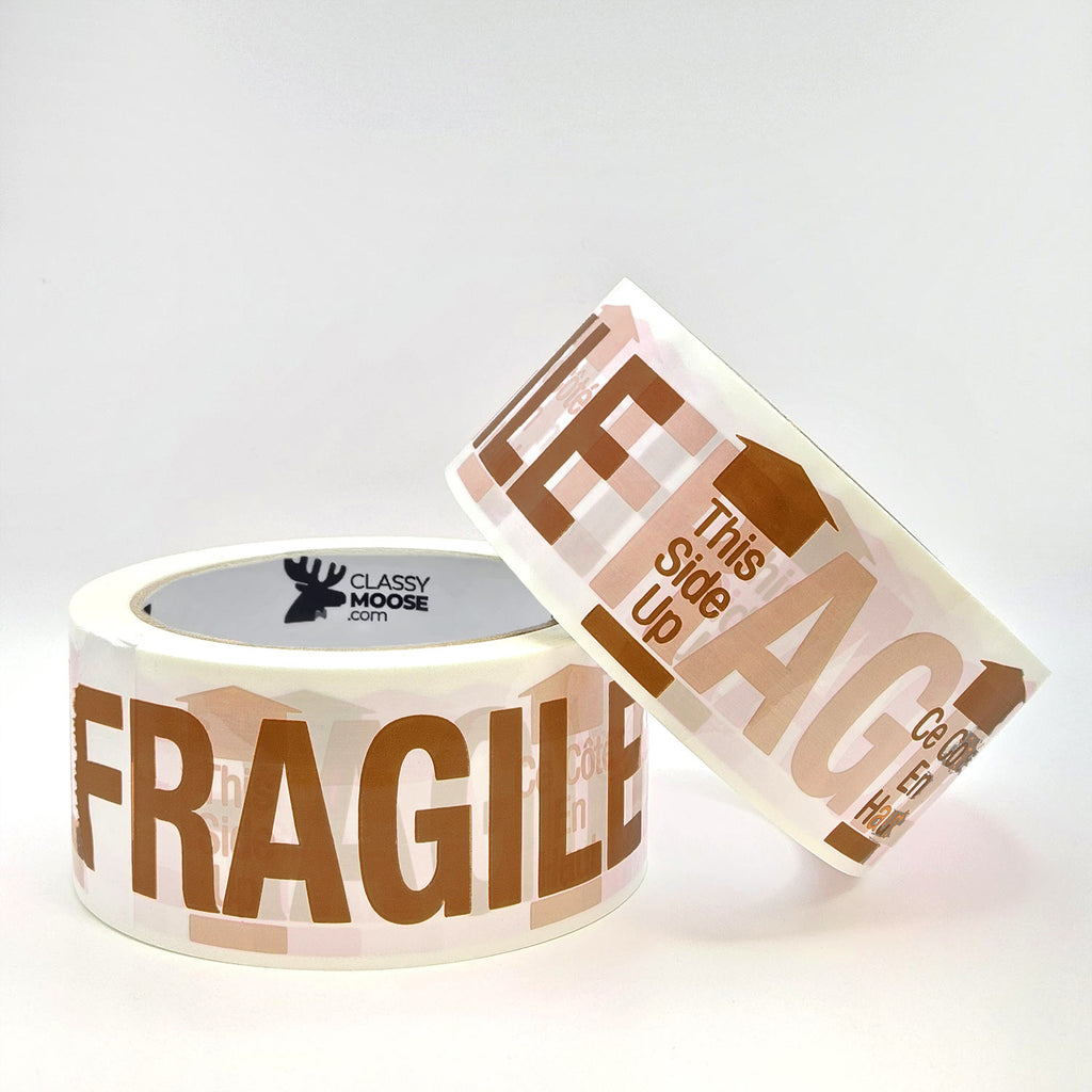 Roll of tape with 'Fragile' text on a white background