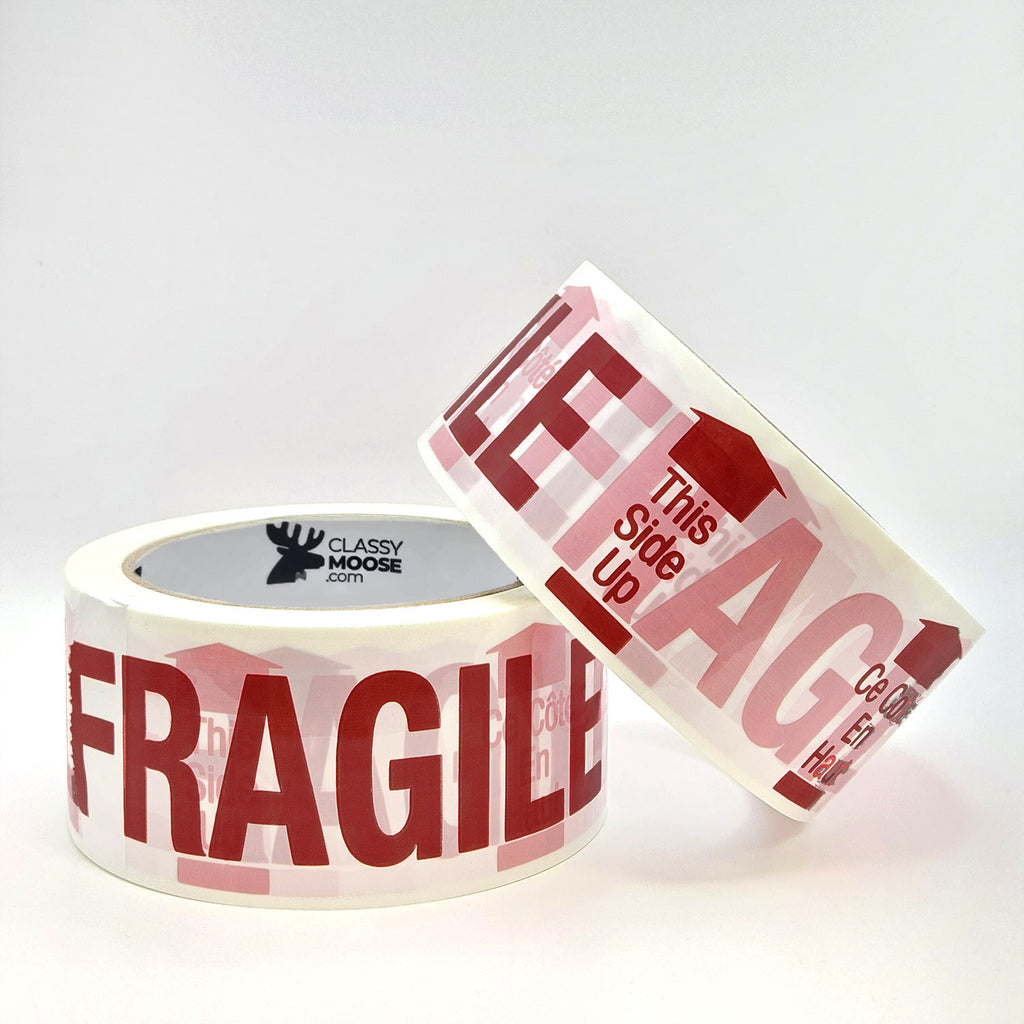 Roll of tape with 'Fragile' label on a white background