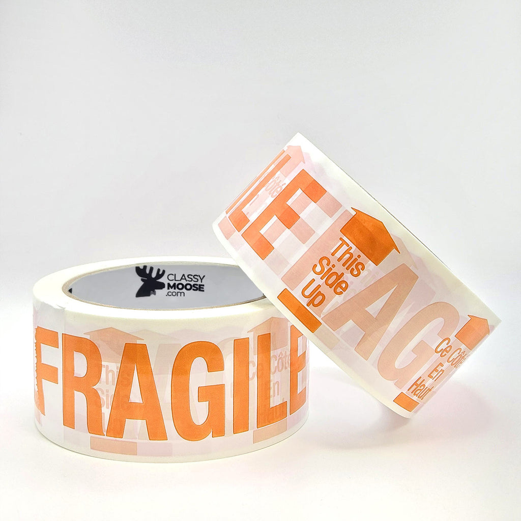 Two rolls of tape with 'FRAGILE' text on a white background
