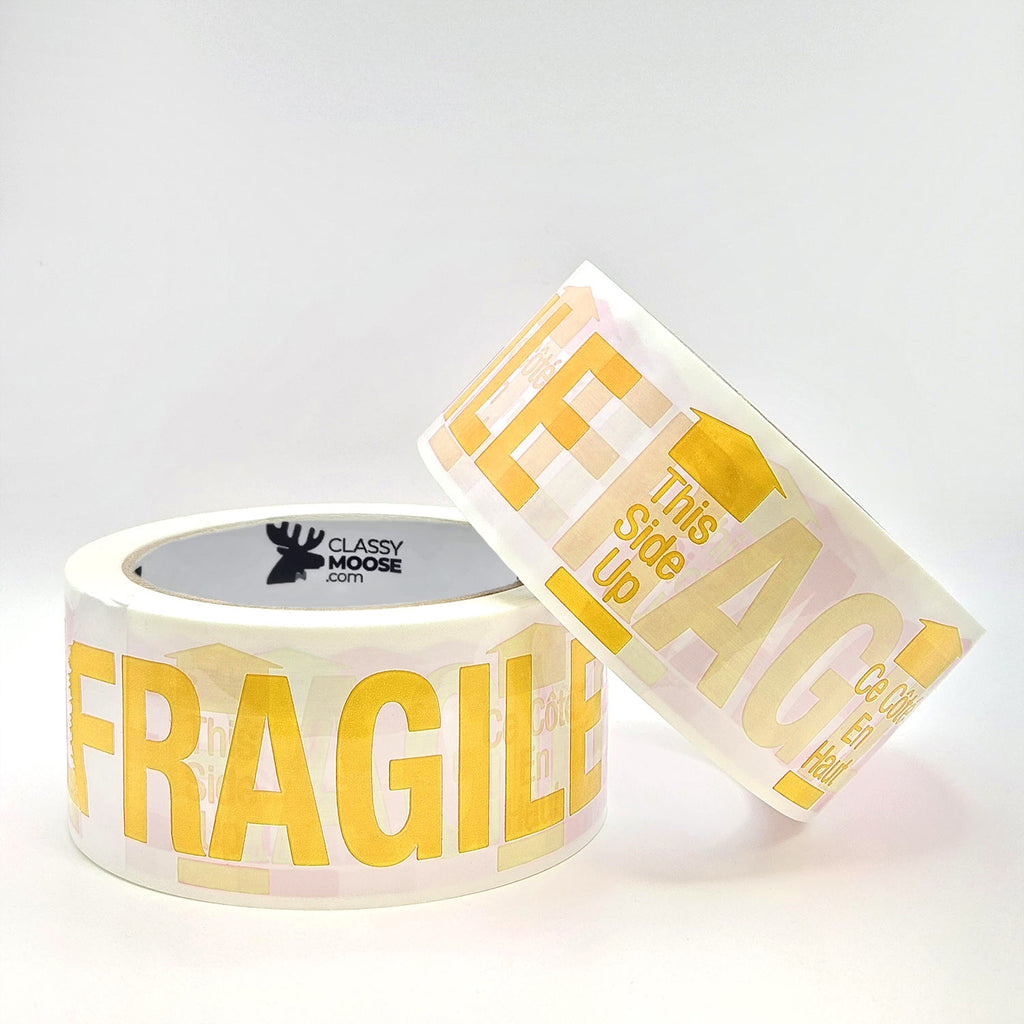Two rolls of tape with 'FRAGILE' and 'This Side Up' labels on a white background.