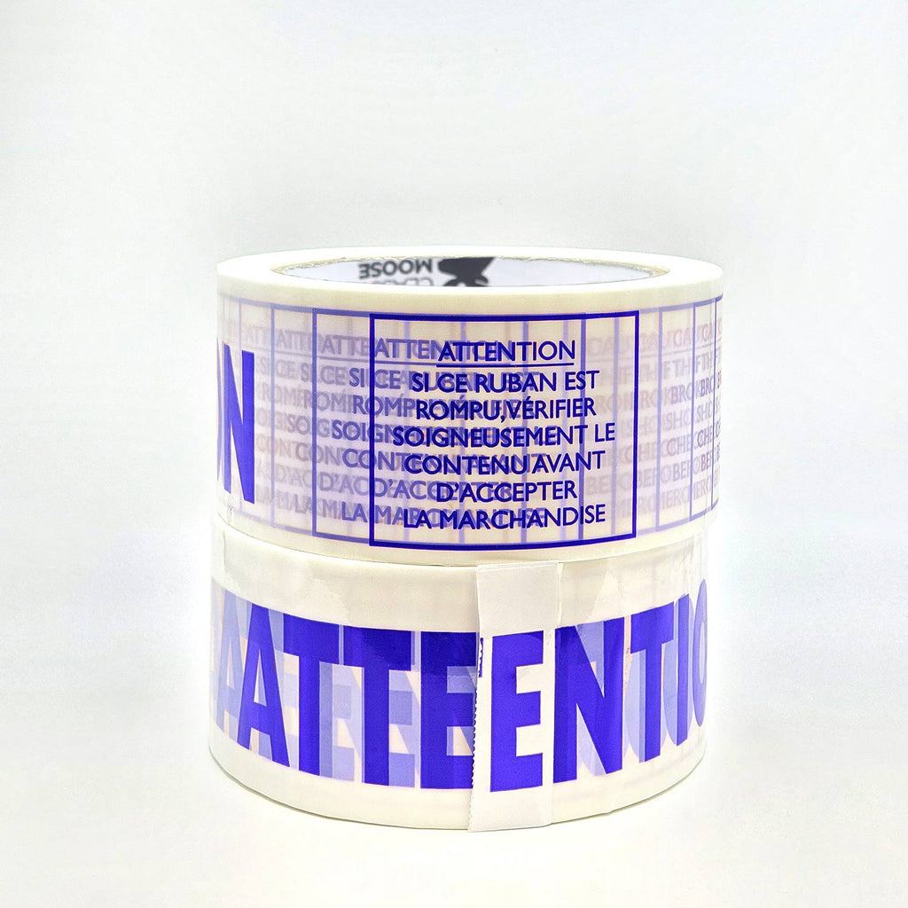 ATTENTION - TAMPER PROOF MESSAGE Bilingual PVC Tape in blue