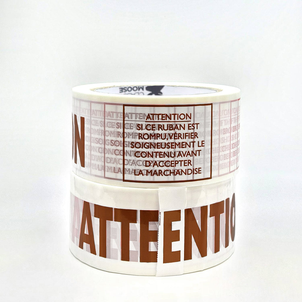 ATTENTION - TAMPER PROOF MESSAGE Bilingual PVC Tape in brown