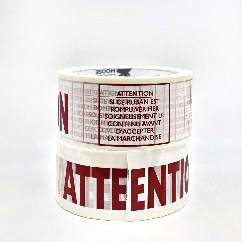 ATTENTION - TAMPER PROOF MESSAGE Bilingual PVC Tape in burgundy