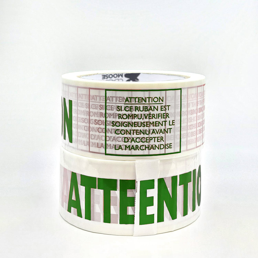 ATTENTION - TAMPER PROOF MESSAGE Bilingual PVC Tape in green