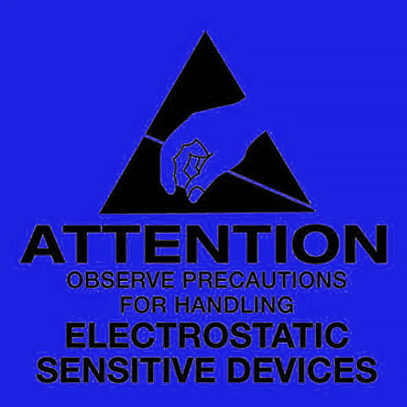 A blue and black 'ATTENTION OBSERVE PRECAUTIONS FOR HANDLING ELECTROSTATIC SENSITIVE DEVICES' label with a pictogram of a hand inside a triangle.