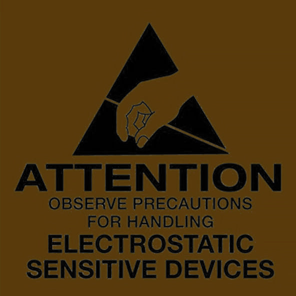 A brown and black 'ATTENTION OBSERVE PRECAUTIONS FOR HANDLING ELECTROSTATIC SENSITIVE DEVICES' label with a pictogram of a hand inside a triangle.