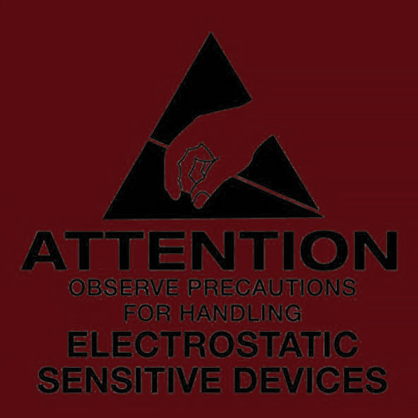 A burgundy and black 'ATTENTION OBSERVE PRECAUTIONS FOR HANDLING ELECTROSTATIC SENSITIVE DEVICES' label with a pictogram of a hand inside a triangle.