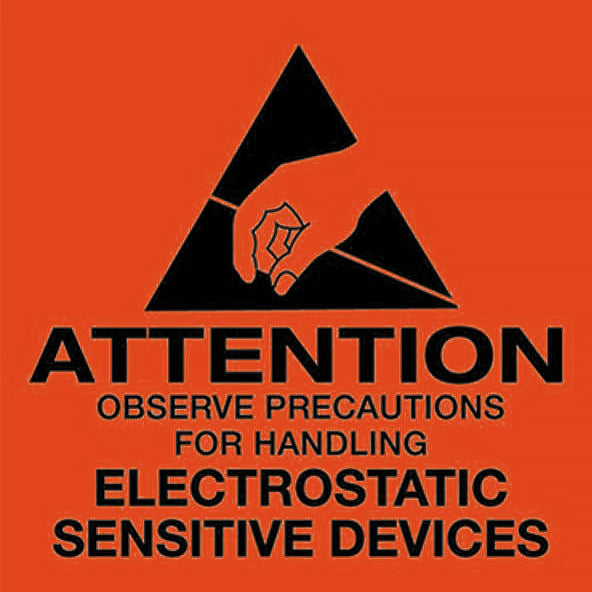 A orange and black 'ATTENTION OBSERVE PRECAUTIONS FOR HANDLING ELECTROSTATIC SENSITIVE DEVICES' label with a pictogram of a hand inside a triangle.
