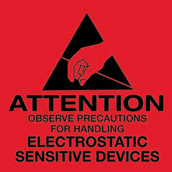 A red and black 'ATTENTION OBSERVE PRECAUTIONS FOR HANDLING ELECTROSTATIC SENSITIVE DEVICES' label with a pictogram of a hand inside a triangle.