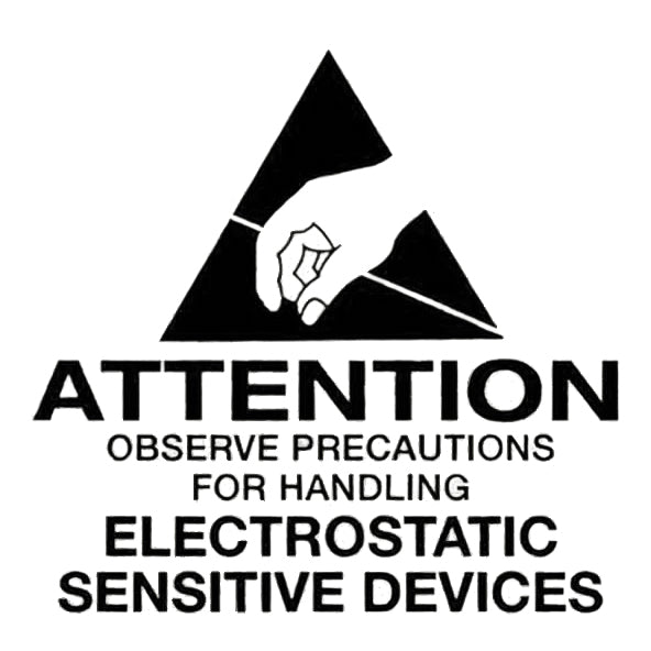 A white and black 'ATTENTION OBSERVE PRECAUTIONS FOR HANDLING ELECTROSTATIC SENSITIVE DEVICES' label with a pictogram of a hand inside a triangle.