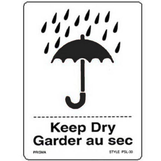 A white label with a black umbrella and rain pictogram, and the text 'Keep Dry' in English and 'Garder au sec' in French.