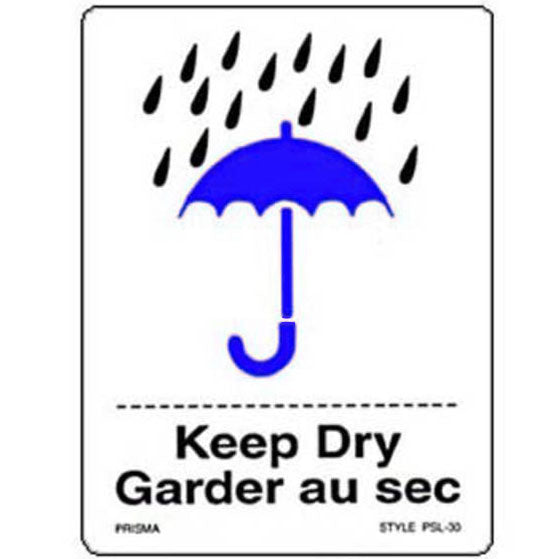 A white label with a blue umbrella and rain pictogram, and the text 'Keep Dry' in English and 'Garder au sec' in French.