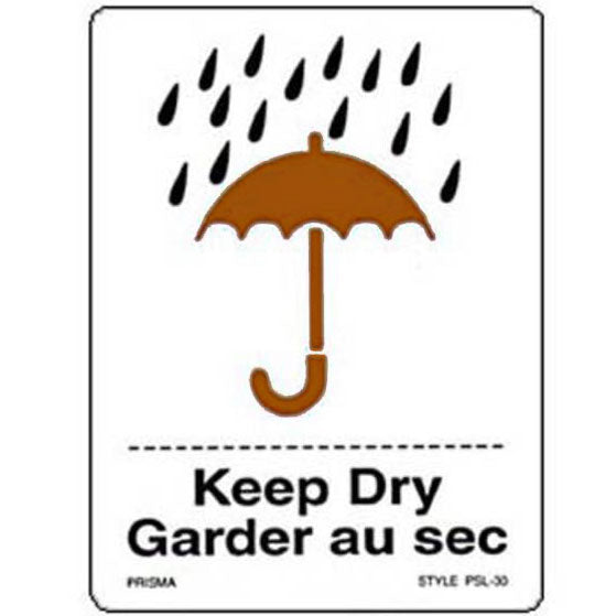 A white label with a brown umbrella and rain pictogram, and the text 'Keep Dry' in English and 'Garder au sec' in French.