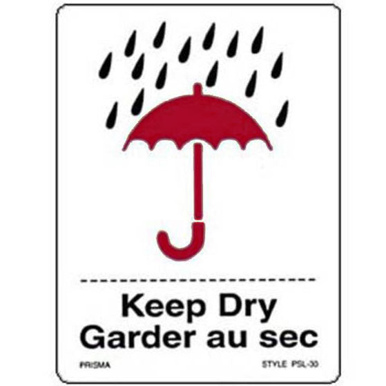 A white label with a burgundy umbrella and rain pictogram, and the text 'Keep Dry' in English and 'Garder au sec' in French.