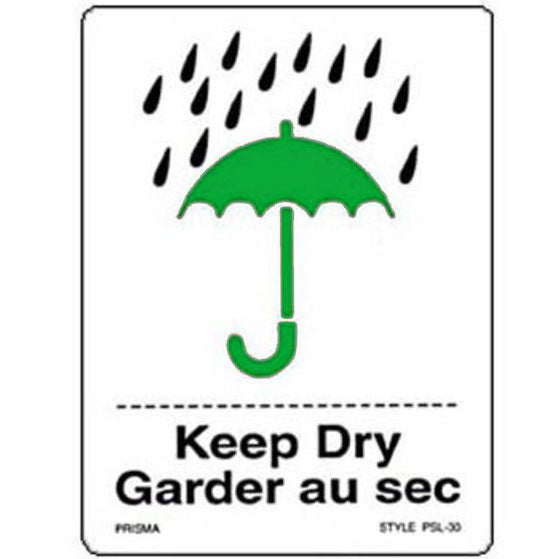 A white label with a green umbrella and rain pictogram, and the text 'Keep Dry' in English and 'Garder au sec' in French.