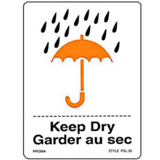 A white label with a orange umbrella and rain pictogram, and the text 'Keep Dry' in English and 'Garder au sec' in French.