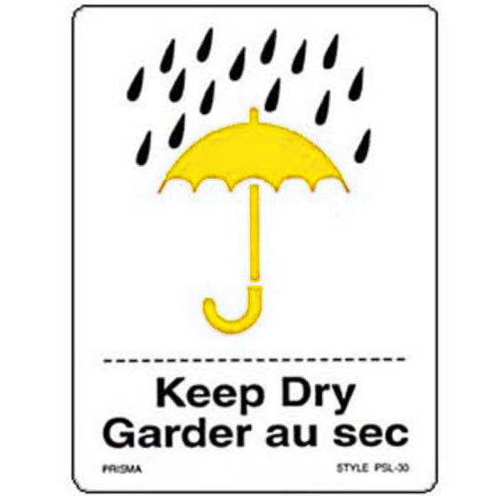 A white label with a yellow umbrella and rain pictogram, and the text 'Keep Dry' in English and 'Garder au sec' in French.