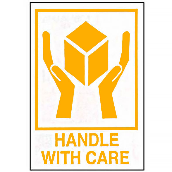 HANDLE WITH CARE Hands and Box Labels in orange
