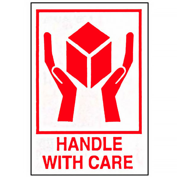 HANDLE WITH CARE Hands and Box Labels in red