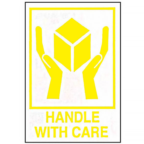 HANDLE WITH CARE Hands and Box Labels in yellow